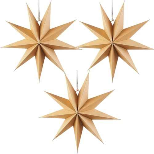 9 zackig Papier Faltsterne, 30cm Papiersterne zum Aufhängen, 3 Stück Faltstern, Original Holzfarbe Papiersterne Weihnachten Dekoration, Dekorative für Weihnachten, Hochzeit und Geburtstagsfeiern