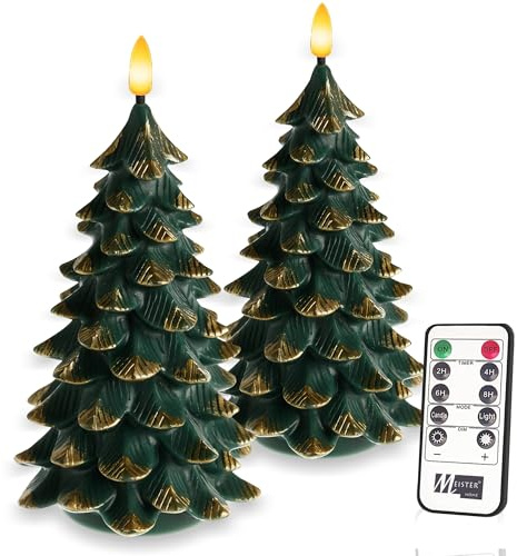 Meisterhome® LED-Kerzen Weihnachtsbaum Tannenbaum 2er-Set – Flammenlose Deko-Kerzen aus Echtwachs – 12x12x19 cm - mit Timer & Fernbedienung – Batteriebetrieben – Warmweißes Licht –Weihnachtsdeko