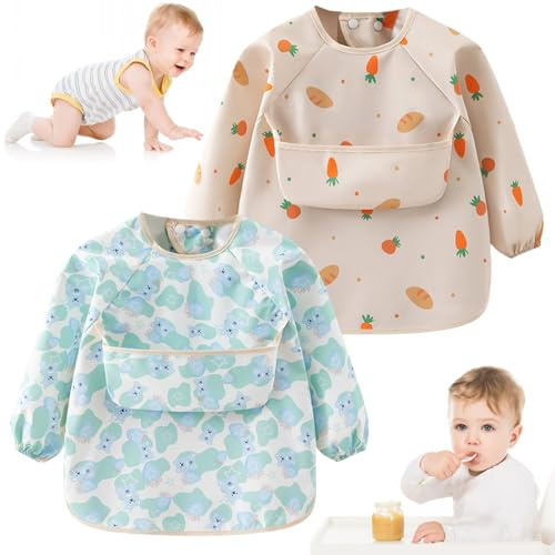 DAMIHAI Baby Lätzchen mit Ärmeln, 2 Pcs ärmellätzchen, Lätzchen Baby mit Armeln, PU Wasserdichtes Latz Leicht zu Reinigen mit Tasche, Weiches und Hautfreundliches für Babys Kleinkinder 12-48 Monate