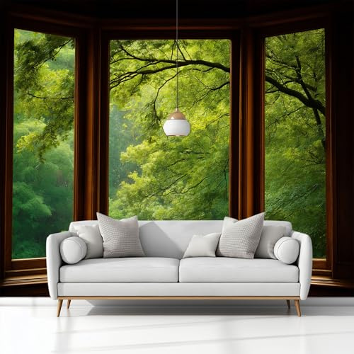 Fotomurales 250x175 cm Papel Pintado Tejido no Tejido Ventana Árbol Del Bosque Verde, Moderna Murales Fotográfico Decoración de Pared Sala Cuarto Oficina Salón