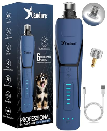 Candure hundnagelkvarn upp till 6-växlad hundklotrimmer för stora, medium, små hundar, katter och husdjur - uppladdningsbar hundklo kvarn med 360° LED-lampor och extra kvarhuvud (mörkblå)