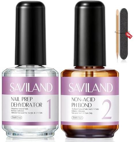 SAVILAND Nail Prep och Primer Naglar Gel - 2 st x 15 ml icke-syra primer halvpermanenta uttorkade naturliga naglar Prep Set, perfekt för konstdesign hemma, hållbar gåva