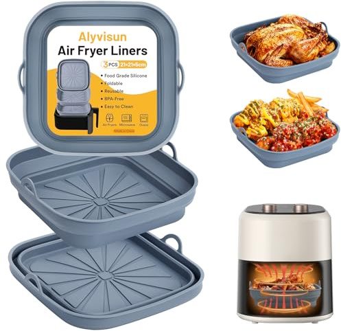 Alyvisun 2026 New Set da 3 Contenitori per Friggitrice ad Aria, 8inch Teglie Riutilizzabili per Friggitrice ad Aria, Accessori per Friggitrice ad Aria, Microonde, Forno(Grigio)