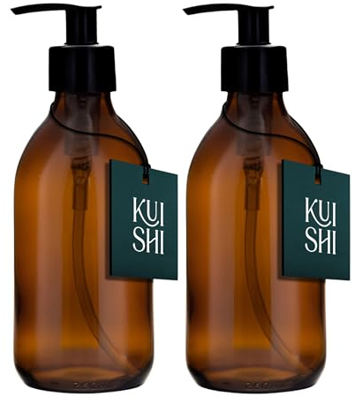 Kuishi Amber Brown Glass Pump Bottle Dispenser [250ml Pack of 2], Refillable Amber Glass Soap Dispenser Bottle with Black Plastic Pump for Reducing Plastic Waste (BPA-Free)