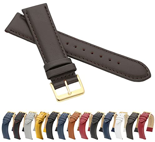 Marchel LLB Klockarmband i slätt läder, äkta läder, LLB, spänne i guld, läderarmband, oxläder, fint läder, BRUN, 18 mm, Klassisk