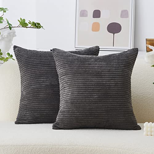 Home Brilliant Grey Cushion Cover Soft Striped Corduroy Square Decorative Throw Pillow Sofa Cushion Covers Set for Couch, 2 Pack, 45 x 45 cm, 18inch, Dark Grey