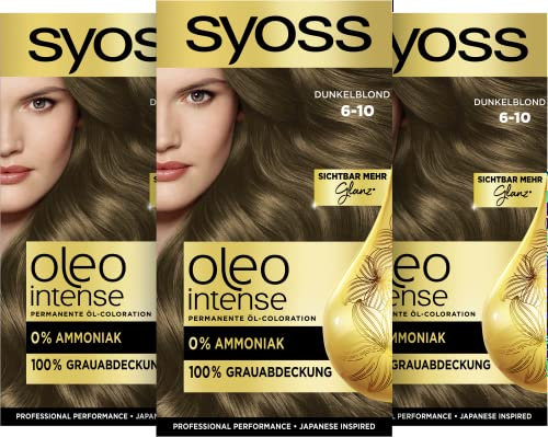 Syoss Oleo Intense Öl-Coloration 6-10 Dunkelblond Stufe 3 (115 ml), dauerhafte Haarfarbe mit pflegendem Öl, Coloration ohne Ammoniak