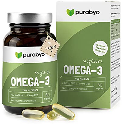 Algenöl OMEGA 3 Vegan | im Glas | Nur 1 Kapsel täglich | Zwei-Monatsversorgung | hochdosiert | Hoher EPA Gehalt | 250 mg DHA und 125 mg EPA | vegan | laborgeprüft