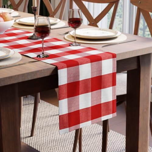 Encasa XO Baumwoll-Tischläufer 8 seater | Größe 32x230 cm | Büffelrote Karos - Maschinenwaschbar & Langlebig