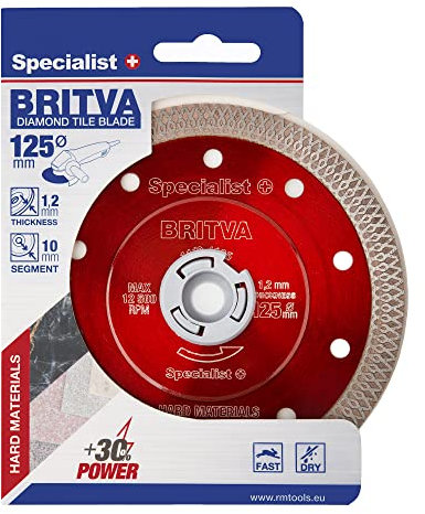 Roue de coupe au diamant 125mm par Specialist+ I Alésage extra mince (1,2 mm) 22.2 pour meuleuse d’angle I Disque de carreaux avec Turbo Mesh Ornement pour grès cérame, porcelaine, pierre composite