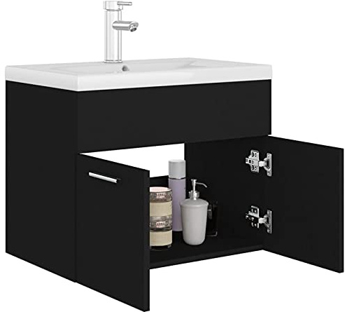 Tidyard Sink Cabinet with Built-in Basin Sink With Faucet Cabinet Set Wall-Mounted Sink Storage Cabinet Storage Unit with 2 doors Black Chipboard 60 x 38,5 x 46 cm (W x D x H)