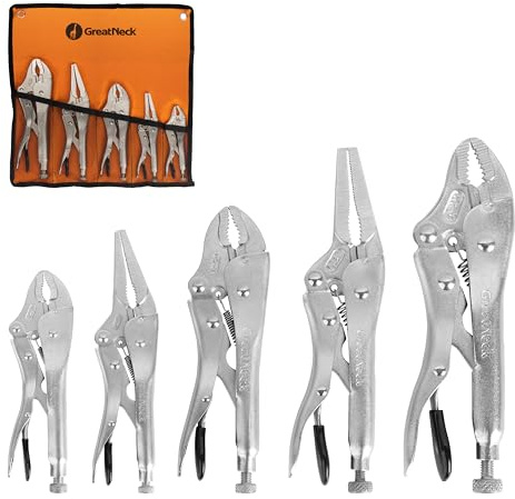 GreatNeck 74230 5-Piece Locking Plier Set – Curved & Long Nose Pliers with Plastisol Trigger Release, Diagonal Tooth Grip, Wire Cutter & Storage Pouch – Durable Alloy Steel Construction