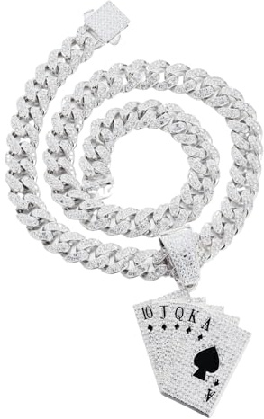 Halukakah Collar con Colgante Chapado en Platino para Hombres - Más 1000 Diamantes - Cadena de Eslabones Cubanos -Colgante de Póker con Diamantes Agrupados -Estilo Hip-Hop -Completo con Caja de Regalo