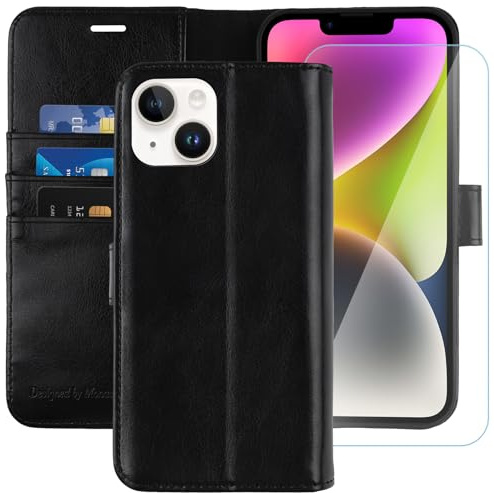 MONASAY Wallet Case for iPhone 13 Mini with 3 Card Holders - Black | Kickstand,RFID Blocking,6.6 feet of shock absorption,PU Leather, Strong Magnetic Closure, Fits 5.4 inch ONLY,Protective film