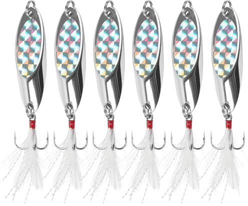 6 Stück Angel-Löffel-Spinner-Köder aus Metall mit Drillingshaken, Feder, Meeres-Pailletten, Harte Köder für Forelle, Barsch, Hecht, Tintenfisch, Wels