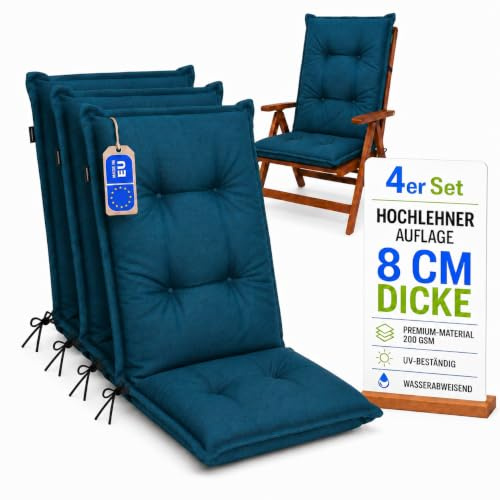 Pillows24 - Hochlehner Auflagen 4er Set - 120x50cm – 8cm Dick - Premium-Material 200gsm, UV- & Wasserabweisend | Gesteppte Sitzauflagen Hochlehner | Gartenstuhlauflagen für Gartenmöbel | Türkis