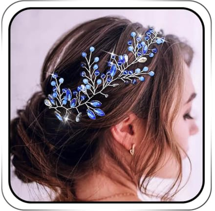 IYOU Accessorio per capelli da sposa con perline di cristallo blu, accessorio per capelli da sposa o damigella d'onore, accessorio per capelli da donna