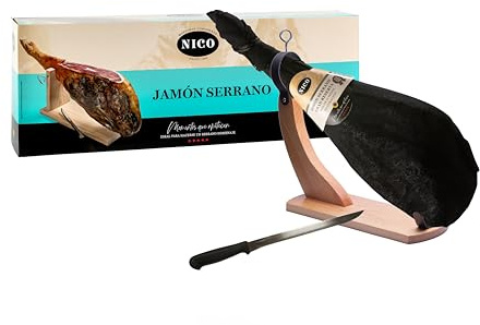 Nico Jamones - LOTE- PACK JAMÓN SERRANO GRAN RESERVA + Jamonero Deluxe + Cuchillo Aprox 6,5/7,5kg