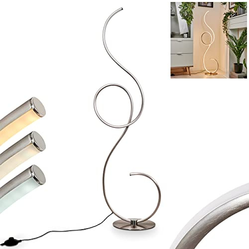 LED Stehleuchte Olok, moderne Bodenlampe aus Metall/Kunststoff in Nickel-matt/Weiß, dimmbare Stehlampe mit Fußschalter, Höhe 122 cm, 23 Watt, max. 2700 Lumen, 2700 + 4000 + 6000 Kelvin (änderbar)