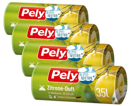 Pely Zugband Müllbeutel mit Zitronen Duft - Vorteilspack (4 x 12 Stück), gelb, für die Entsorgung von Restabfall (35 Liter) mit angenehmen Duft