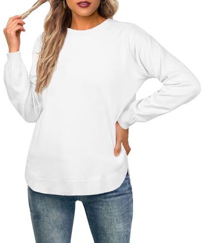 GRECERELLE Suéter ligero de manga larga con cuello redondo para mujer, suéter casual de punto suave, Blanco, XL