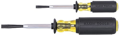 Klein Tools 85153K Slotted Screw-Holding Screwdriver Set, 3/16-Inch, 1/4-Inch Split-Blade Flat Head Driver, Cushion Grip Handle, 2-Piece