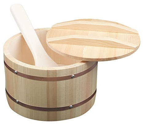 KARFRI Runde Sushi-Reisschale aus Holz mit Deckel und Löffel, Sushi-Reis-Rührbehälter für die Zubereitung von Sushi und Bibimbap-Reisfassbehälter, große Größe (große Größe)