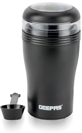 Geepas Coffee Grinder Food Processor, 150W | Electric Dry Grinder Coffee Mill, Plastic Housing, Stainless Steel Blades for Coffee Beans Spices Nuts – 40g Detachable Bowl, Black