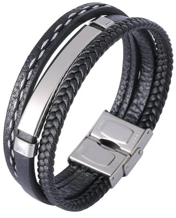 Beydodo Leder Armbänder für Männer Gravur, Armband Herren 18MM 3-Layer Geflochten mit Schild Charms Armbänder Sicherheitsverschluss Partnerarmband Schwarz 16.5CM