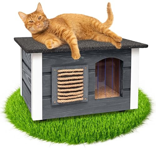 Outentin Katzenhaus Outdoor Winterfest - Katzenhäuschen für Draußen - Isolierte Schutzhütte - Wasserdicht und Wetterfest - Katzenhütte für Draußen - 61 X 39 X 36 cm (Grau)