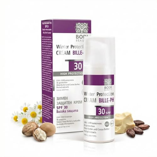 BODI BEAUTY Crema facial de invierno SPF 30, 50 ml, manteca de karité y manteca de cacao, protección contra el frío, el viento y los rayos UV, D-pantenol, vitaminas A+E, extractos de hierbas calmantes