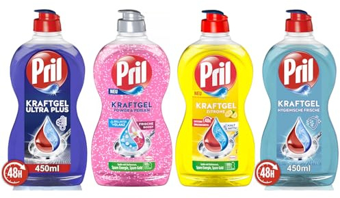 PRIL Kraftgel-Set 1x Power & Perlen Granatapfel & Orangenblüte & 1x Ultra Plus & 1x Zitrone & 1x Hygienische Frische, Handgeschirrspülmittel-Set mit höchster Fettlösekraft, 4x 450ml