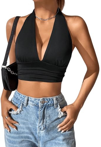 GORGLITTER Neckholder Top Damen Crop Tops Trägertop Halter-Tops Sommershirts Rückenfrei Oberteile Bauchfreies Sommertop Schwarz L
