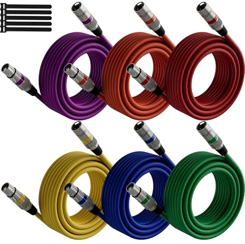 XLR-kabel mikrofonkabel 5 m (6-pack, flerfärgad), kontakt till hona, 3-polig avskärmad balanserad DMX-patchkabel, med EMI och RFI-dämpning, kompatibel med förstärkare, högtalare + 5 buntband