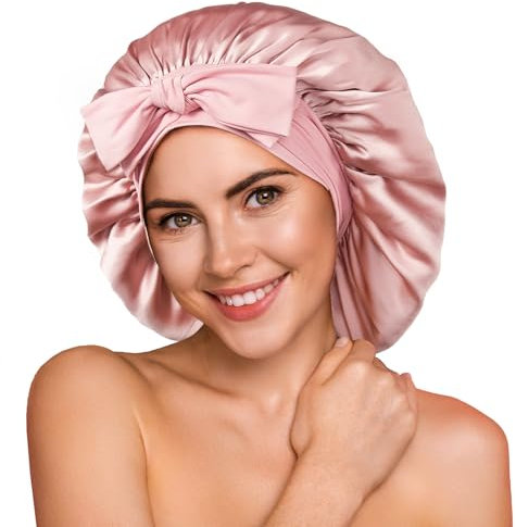Umisleep 22 Momme Schlafmütze aus 100% Maulbeerseide, doppelseidige weiche Nachtmütze für lockiges Haar, atmungsaktiv, verstellbares breites Band zur Befestigung am Kopf, Rosa
