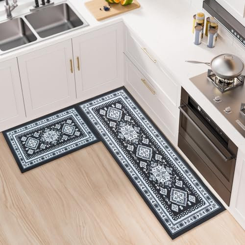 BWBIKE Juegos de Alfombras de Cocina Alfombras de Cocina Antideslizantes de 2 Piezas Alfombras de Corredor Lavables Alfombra de Piso de Cocina Gruesa Alfombra de Corredor，Negro，43 x 75 + 43 x 150 CM