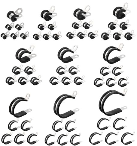 HARFINGTON 110pcs Stainless Steel Cable Clamps 1/4-1-3/4 Rubber Cushioned Insulated Clamp Metal Loop Pipe Clamp for Tube Pipe Wire Cord Installation