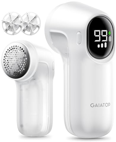 Gaiatop Rasoio elettrico ricaricabile per tessuti, 3 velocità, con display a LED, lama a 6 foglie, depilatore per vestiti, mobili, divani, pillole, peluria, palline, bianco