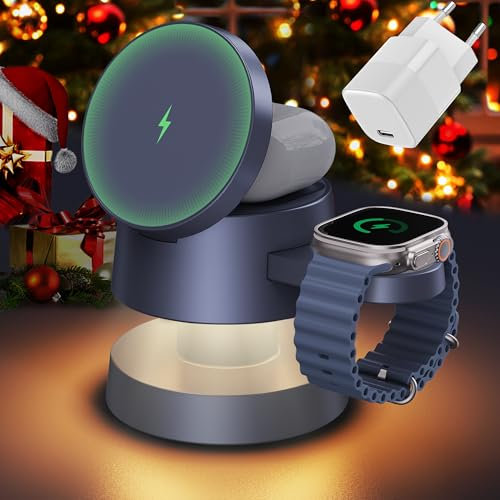 iVANKY per iPhone 17 16 Pro Max Caricatore, Wireless Station 4 in 1 con Luce Notturna, Alimentatore 33W, per MagSafe Charger, Stazione di 3 in 1 Ricarica Rapida per Apple Watch Ultra, per AirPods