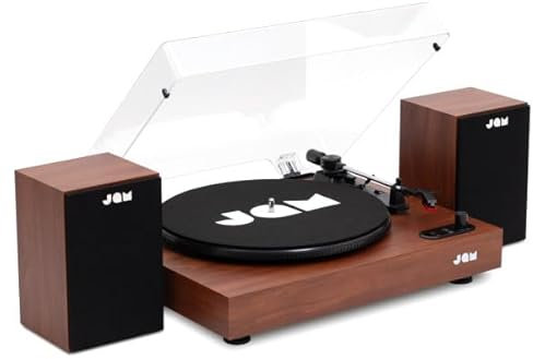 JAM Turntable with Speakers - Bluetooth Record Player with Shelf Speakers, 3-Speed Vinyl Player with Dust Cover, Pre-Adjusted Tonearm, Vinyl Cleaner Included, Walnut