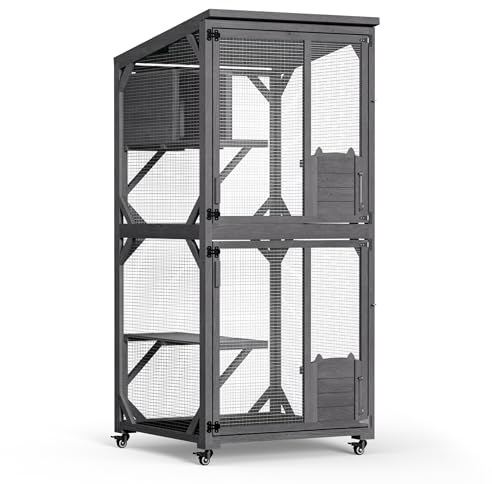 Wiltec Recinto per gatti da esterno 74 x 78 x 180 cm, legno di abete, più livelli, 2 porte, con rotelle, recinto per gatti per giardino, balcone, rifugi