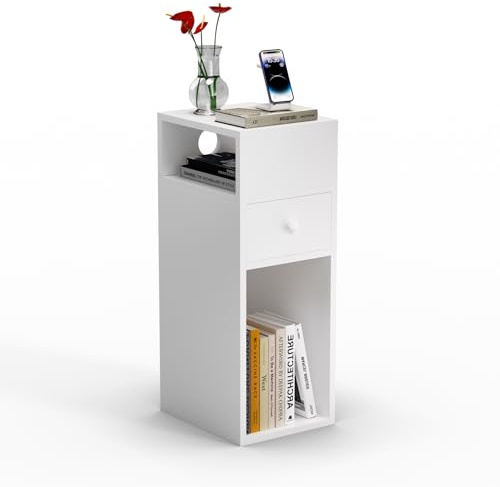 VOUNOT® Comodino Stretto con Cassetto e 2 Scomparti Aperti, Tavolino Comodino Salvaspazio, Design Moderno per Camera da Letto e Soggiorno, 25x30x66 cm, Bianco