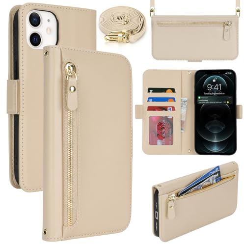 Lipvina Handyhülle für iPhone 12/12 Pro mit praktischem Band und Kartenfach - stilvolle Klapphülle mit Handykette aus hochwertigem Leder Hülle für iPhone 12/12 Pro - Beige Weiße