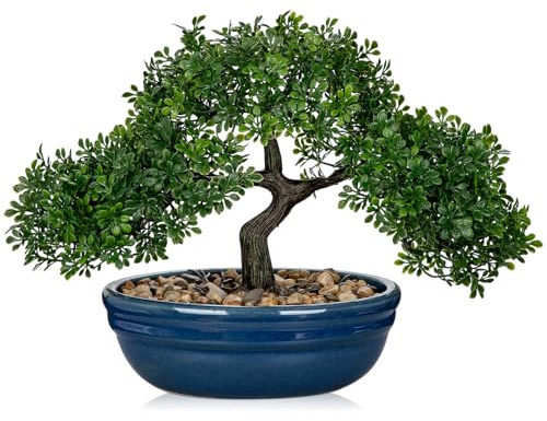 Artificial Bonsai Tree Faux Plants Indoor Fake Plants Decor with Blue Ceramic Pots for Home Table Office Desk Bathroom Shelf Bedroom Living Room Farmhouse Decor