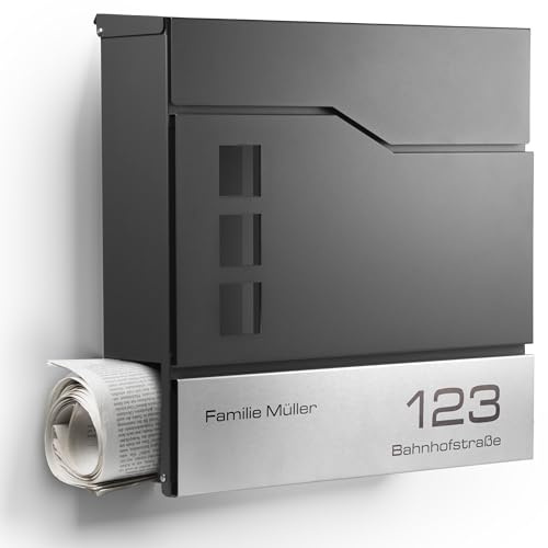 Moderner Briefkasten Personalisierbar Stockholm Anthrazit RAL7016 - mit Zeitungsfach - Wandbriefkasten mit Edelstahl Namensschild und Hausnummer Gravur (Mit Gravur)
