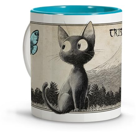 Tazze da the. Tazza personalizzata con nome. Tazze colazione. Tazza gatto in stile anime Jiji Cat. Tazzine caffe particolari. Idee regalo donna e uomo. Mug gatti. Tazza in ceramica 330 ml. Tazza blu
