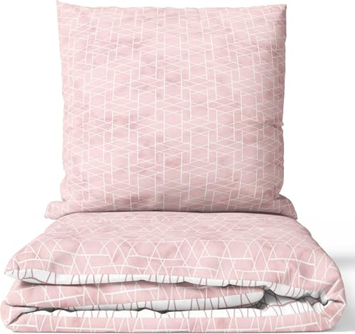 Leonado Vicenti Biancheria da letto in 100% cotone renforcé, 135 x 200 cm, rosa e bianco, design moderno, facile da pulire, con chiusura lampo, biancheria da letto double-face in 4 stagioni