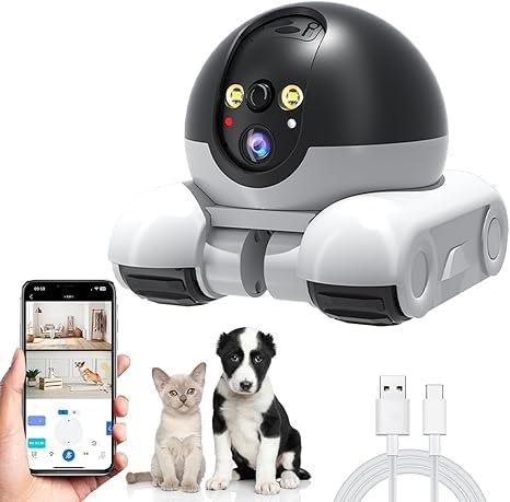 PUSOKEI Pet Camera, 1080P Double Lens Indoor Movable Robot Cameras, App Remote Control, 5200mAh Battery, 2 Way Talking, Motion Detection, Wireless Home Security Cameras for Cats Dogs
