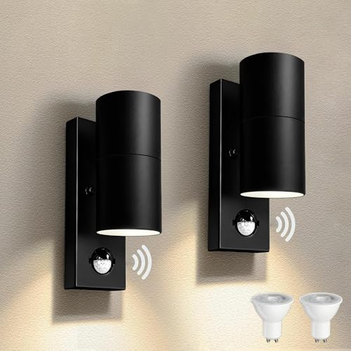 JNR Edelstahl Außenlampe mit Bewegungsmelder, Aussenlampe Schwarz 2 Pack | Einstellbarer PIR Bewegungsmelder Dämmerungssensor, IP54 Wasserdichte 230V Wandleuchte, 5W GU10 3000K LED Glühbirne