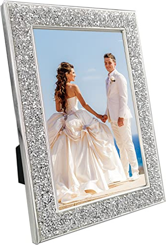 10x8 Photo Frame with Diamond-like Crystals - Elegant Silver Wedding & Family Photo Frames, Sparkling Glass Frames for a Luxury Display